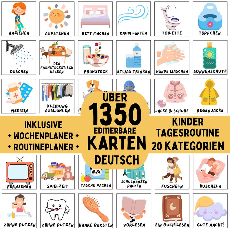 Puede incluir: Un conjunto de 20 tarjetas coloridas con ilustraciones y texto en alem&aacute;n para las rutinas diarias de los ni&ntilde;os. Las tarjetas incluyen actividades como vestirse, cepillarse los dientes, desayunar, jugar y acostarse. El t&iacute;tulo del conjunto es "&Uuml;ber 1350 editierbare Karten Deutsch" que se traduce como "M&aacute;s de 1350 tarjetas editables en alem&aacute;n".