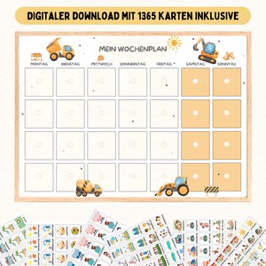 May include: A printable weekly planner with a construction theme. The planner has a yellow background with a sun and a construction truck. The days of the week are listed across the top: Monday, Tuesday, Wednesday, Thursday, Friday, Saturday, Sunday. There are 28 blank squares for each day of the week. The planner is designed to be used with 1365 cards, which are not included in the image.