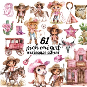 Clipart de vaqueira fofa em aquarela, PNG de vaqueira rosa, pacote de clipart de menina de vaca de bebê, oeste selvagem, clipart ocidental, botas de vaqueira PNG de vaqueiro