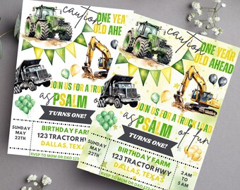 2x Watercolor Construction Birthday Invitation Template Invitation Kids Birthday construction Party Invitation dump truck excavator tractor