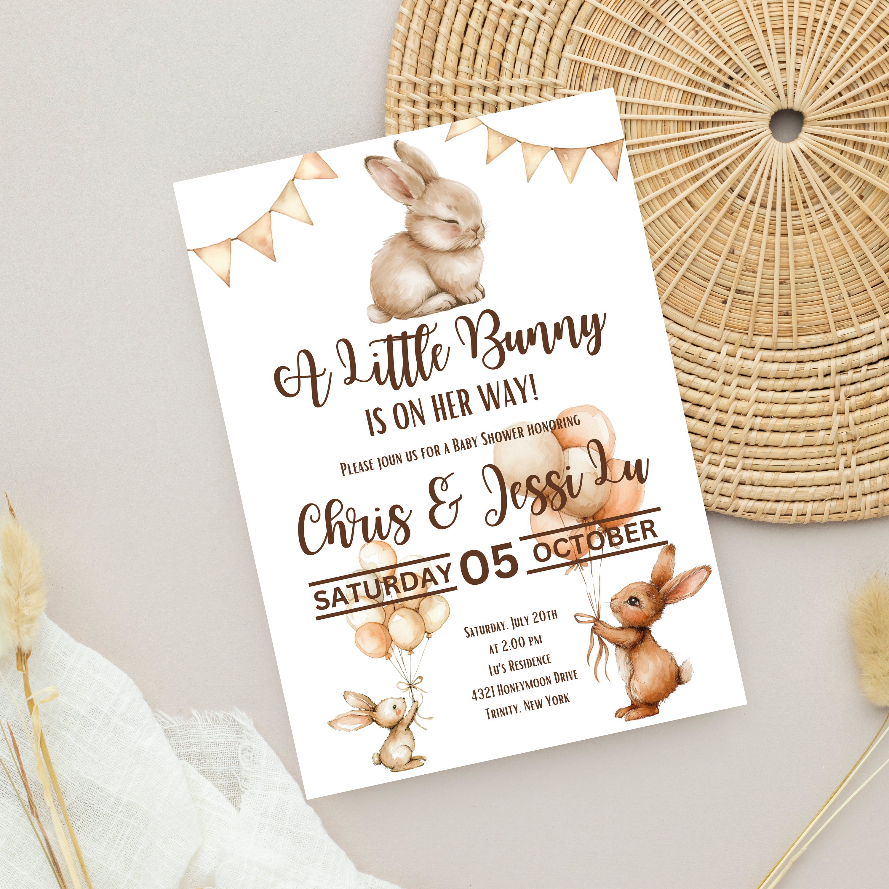 Editable Neutral Rabbit Baby Shower Invitation, Beige Boho Bunny Baby ...