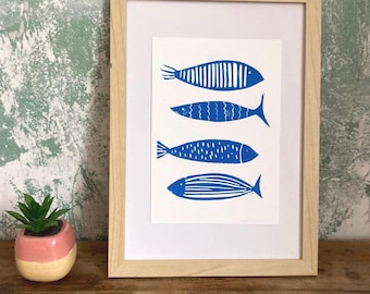 Original Linoldruck Fische in blau A5