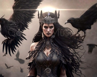 May include: A woman wearing a black gown and a crown with spikes, holding a dagger with a sharp point. She is surrounded by crows and has a dark, serious expression.