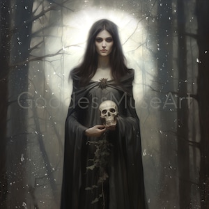 Goddess of Death Art Digital Download, Painting print dark winter underworld witch woman witchcraft altar goth, gothic decor Yule Samhain