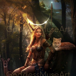 Artemis, wall art print Digital Download, Greek Goddess of the hunt, wild animals, divine feminine, Forest huntress art Artemis moon
