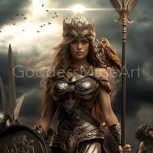 Athena Art Digital Download, Warrior Greek Goddess, Full Armor with Owl Greek Mythology Wall Art, Goddess of War and Wisdom, Athena with Owl