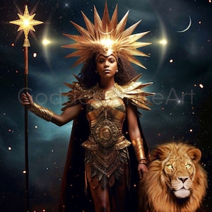 Inanna Art Digital Download, Ishtar goddess love and fertility, Mesopotamian Sumerian art print witch woman lion leo pagan witchcraft altar