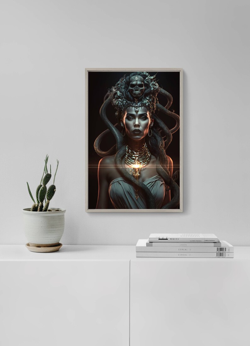Méduse, impression d'art mural en téléchargement numérique, déesse grecque sorcière femme noire wicca autel païen obscurité mythologie goth gorgone serpents serpent image 2