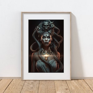 Méduse, impression d'art mural en téléchargement numérique, déesse grecque sorcière femme noire wicca autel païen obscurité mythologie goth gorgone serpents serpent image 3