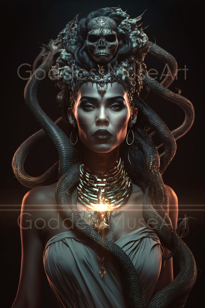 Méduse, impression d'art mural en téléchargement numérique, déesse grecque sorcière femme noire wicca autel païen obscurité mythologie goth gorgone serpents serpent image 1