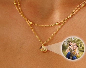Collier projection double chaîne, collier superposé avec photo personnalisé, collier photo, bijoux commémoratifs, cadeau meilleure amie, cadeau d'anniversaire pour elle