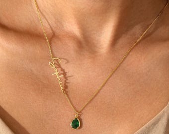 Personalized Name&Birthstone Necklace, Teardrop Birthstone Pendant Necklace, Custom Name Jewelry, Custom Gift, Gift for Her, Christmas Gift