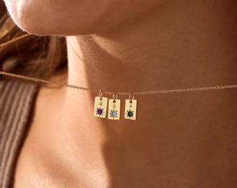 Personalised Initial Birthstone Tag Necklace, Custom Engraved Letter Necklace, Birthstone Jewelry, Personalized Family Gift, Gift For Her