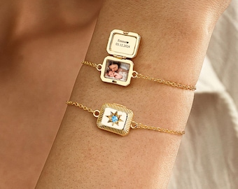 Custom Photo Bracelet with Birthstone, Locket Bracelet for Women, Baby Photo Memorial Jewelry, Anniversary Gifts, Birthday Gifts for Her
