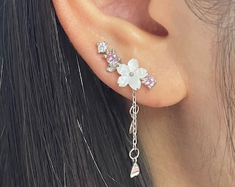 Sakura Earrings,White Flower Earrings,Long chain Earrings,Silver Flower Earrings,Korean Jewelry,Chain Drop Earrings，summer gift for her，