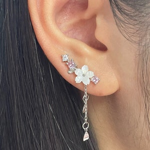 Sakura Earrings,White Flower Earrings,Long chain Earrings,Silver Flower Earrings,Korean Jewelry,Chain Drop Earrings，summer gift for her，