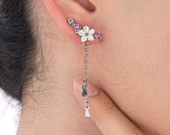 Sakura Earrings,White Flower Earrings,Long chain Earrings,Bridal Earrings,Korean Jewelry,Chain Drop Earrings，Wedding Earrings，Gifts for Mum