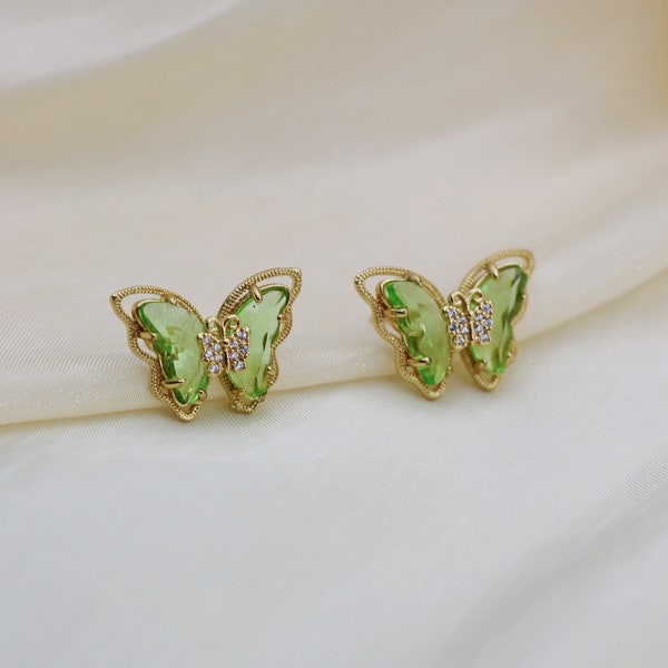 Green Butterfly Earrings,Gold Wing Earrings,Crystal Stud Earrings,Animal Earrings,Zircon Earrings,korean earrings,dainty earrings