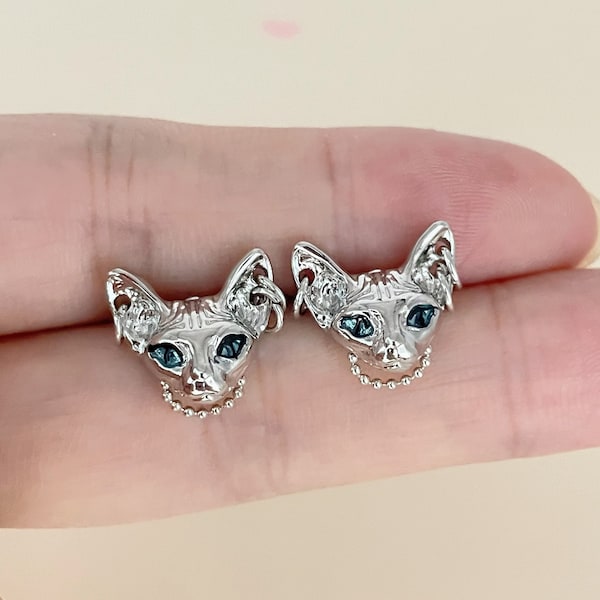 Sphynx Cat Stud Earrings,Punk Lover Jewelry,Cool Earrings,Weird Earrings,Gothic Jewelry,Animal Stud,925silver bead,Dainty Cat Earrings