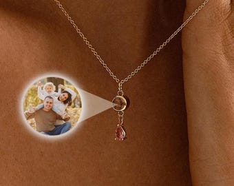 Projection Picture Birthstone Necklace, Memorial Photo Inside Necklace, Custom Image Necklace, Birthday Gift for Mom, Christmas Gift for Her