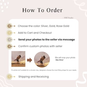 May include: A five-step guide on how to order custom photo art. The steps include choosing a color, adding to cart, sending photos to the seller, confirming photos with the seller, and shipping and receiving. The image shows a photo of a couple being cropped into a circle.