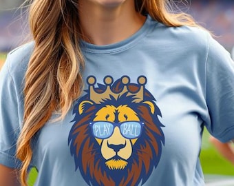 Play Ball Lion Kansas City Baseball Tee, KC Sports Lion, Boys in Blue Game Day Apparel, Lion Wearing Sunglasses, The K Stadium Shirt