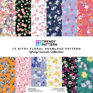 Puede incluir: Una colección de 12 patrones digitales de flores sin costuras en varios colores, incluidos el rosa, el azul, el amarillo, el verde y el negro. Los patrones son todos de pequeña escala y presentan una variedad de motivos florales. Los patrones son perfectos para usar en una variedad de proyectos de diseño, como telas, papel tapiz y papelería.