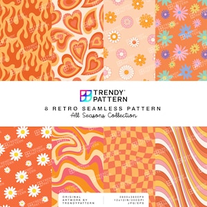 Puede incluir: Ocho patrones retro sin costuras en una variedad de colores y diseños, incluyendo llamas, corazones, flores, remolinos y patrones a cuadros. Los patrones son perfectos para usar en proyectos digitales e impresos.