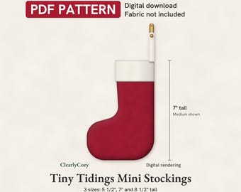Molde em PDF para costura de mini meias de Natal, Mini Meias Tiny Tidings, Forradas com Punho, 3 Tamanhos, Download Digital