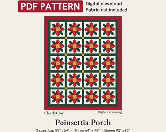 Poinsettia Christmas Quilt Pattern, Poinsettia Porch, 3 Sizes (PDF Download)