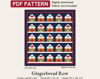 Gingerbread House Christmas Quilt Pattern, Gingerbread Row, 3 Sizes (PDF Download)