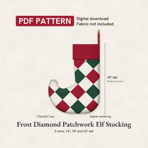Wzór na pończochę-elfkę w patchworku w formacie PDF, pończocha-elfka w diamenty Frost, pikowana i podszyta, 3 rozmiary, wersja cyfrowa