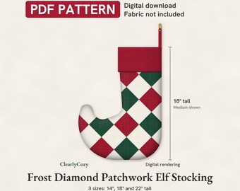 Wzór na pończochę-elfkę w patchworku w formacie PDF, pończocha-elfka w diamenty Frost, pikowana i podszyta, 3 rozmiary, wersja cyfrowa