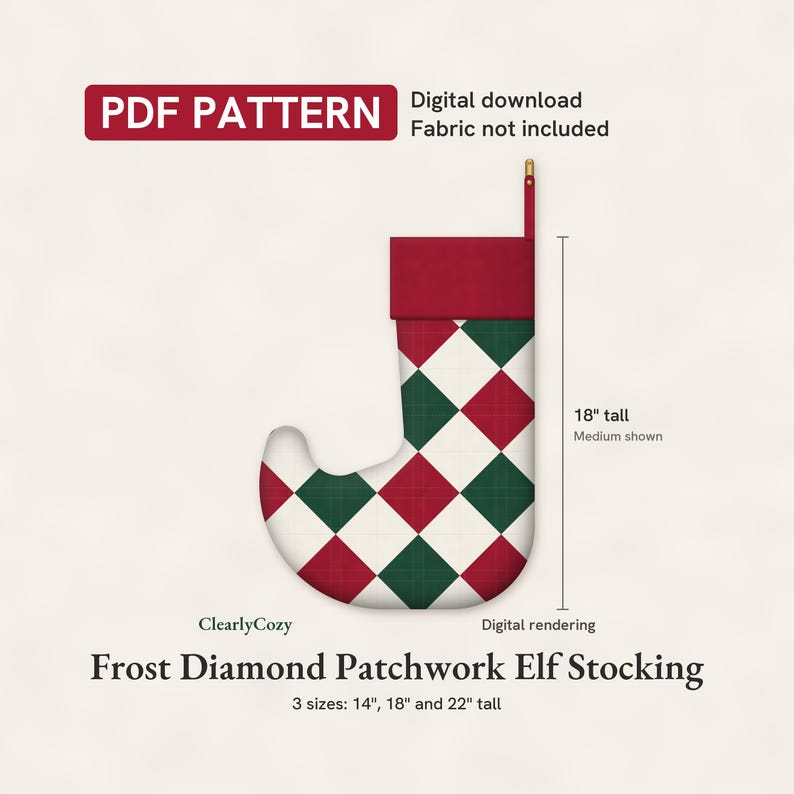 Molde em PDF para costura de meia de elfo patchwork, meia de elfo patchwork com estampa de diamantes, acolchoada e forrada, 3 tamanhos, download digital. imagem 1