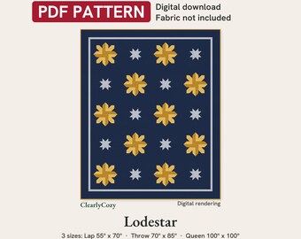 Gold Star Christmas Quilt Pattern, Lodestar, Night Sky Stars, 3 Sizes (PDF Download)