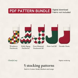 Christmas Stocking Sewing Pattern Bundle, 5 Patchwork, Elf and Classic Stockings (PDF Download)