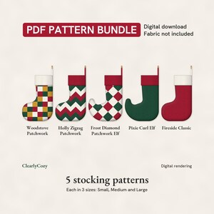 Christmas Stocking Sewing Pattern Bundle, 5 Patchwork, Elf and Classic Stockings (PDF Download)