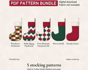 Christmas Stocking Sewing Pattern Bundle, 5 Patchwork, Elf and Classic Stockings (PDF Download)