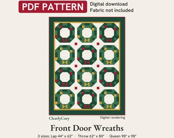 Christmas Wreath Quilt Pattern, Front Door Wreaths, Farmhouse Style, 3 Sizes (PDF Download)