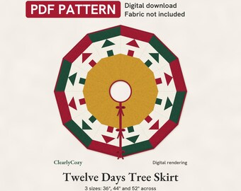 Wzór na spódniczkę choinkową w formacie PDF, Dwunastodniowa spódniczka choinkowa z patchworku, 12 klinów, pikowana, 3 rozmiary, do pobrania w wersji cyfrowej