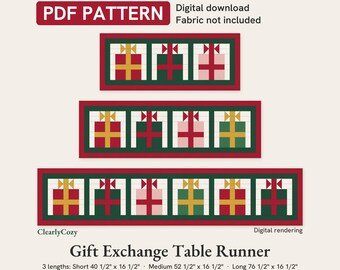 Christmas Table Runner Pattern, Gift Exchange Presents, 3 Lengths (PDF Download)
