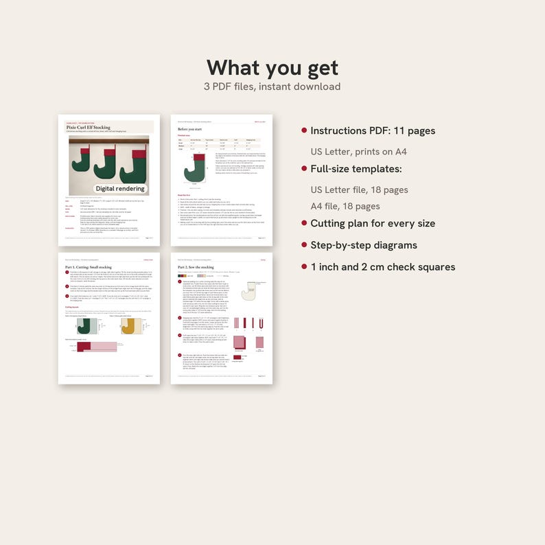 May include: A digital product listing for a Pixie Curl Elf Stocking sewing pattern. Includes 3 PDF files with 11 pages of instructions, 18 pages of full-size templates for US Letter and A4, a cutting plan, diagrams, and 1 inch and 2 cm check squares.