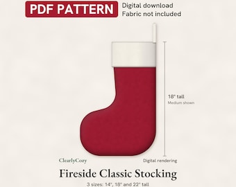 Christmas Stocking Sewing Pattern, Fireside Classic, Lined with Cuff, 3 Sizes (PDF Download)