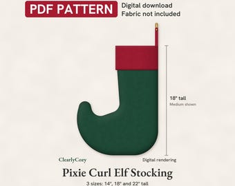 Molde em PDF para costura de meia de elfo, meia de elfo com pontas encaracoladas, forrada com punho, 3 tamanhos, download digital.