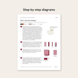 May include: A sewing instruction page titled Step-by-step diagrams, Part 2. Sew the stocking. It features numbered steps with text and illustrations showing fabric pieces, stitching lines, and assembly for a Christmas stocking project.