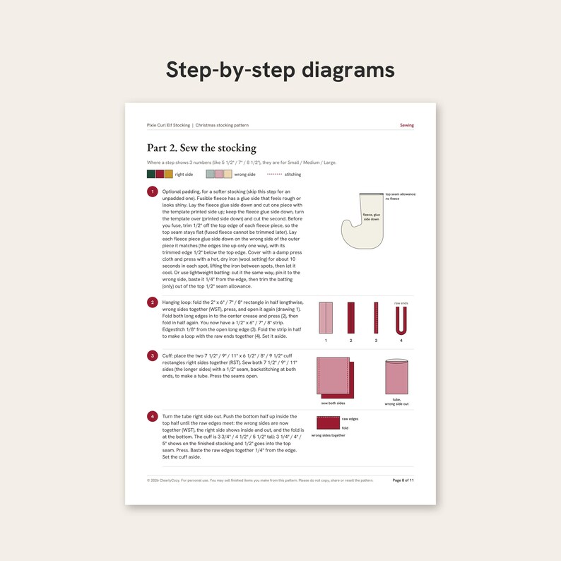 May include: A sewing instruction page titled Step-by-step diagrams, Part 2. Sew the stocking. It features numbered steps with text and illustrations showing fabric pieces, stitching lines, and assembly for a Christmas stocking project.