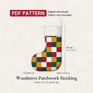 Patchwork Christmas Stocking Sewing Pattern, Woodstove Quilted Squares, 3 Sizes (PDF Download)