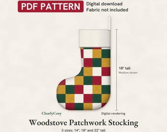 Patchwork Christmas Stocking Sewing Pattern, Woodstove Quilted Squares, 3 Sizes (PDF Download)