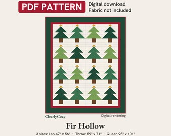 Christmas Tree Quilt Pattern PDF, Fir Hollow Pine Tree Quilt in Lap, Throw and Queen Sizes, Confident Beginner, Digital Download