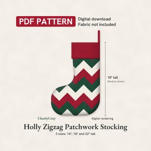 Molde para costura de meia de Natal patchwork, azevinho em ziguezague, acolchoada e forrada, 3 tamanhos (download em PDF)
